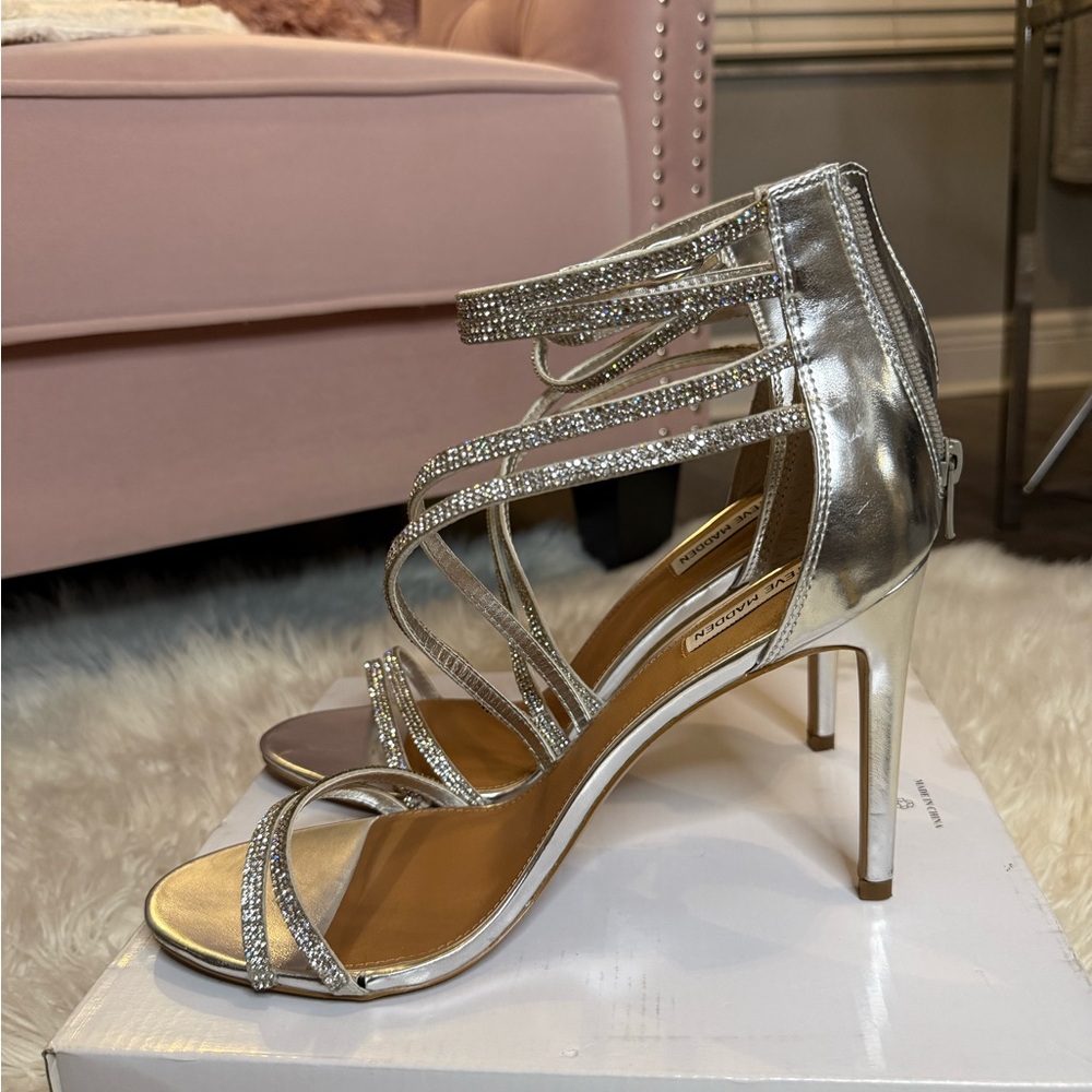 Steve Madden Metallic Silver Rhinestone Strappy High Heel Sandals